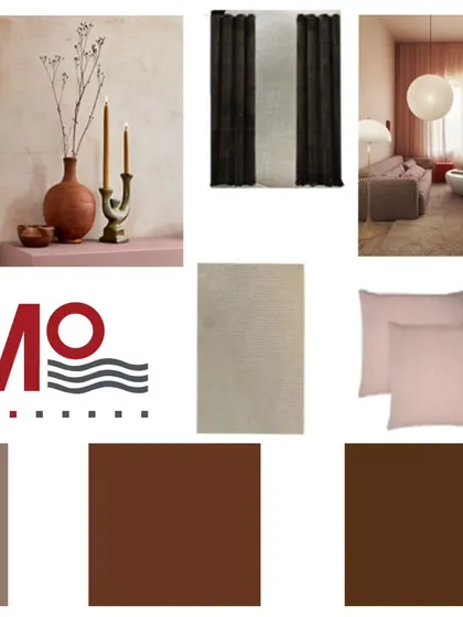 A moodboard showcasing a sophisticated fusion of soft pink, beige, and rich brown. These hues can be mixed and matched to create nuanced interiors that radiate warmth, comfort, and timeless elegance.