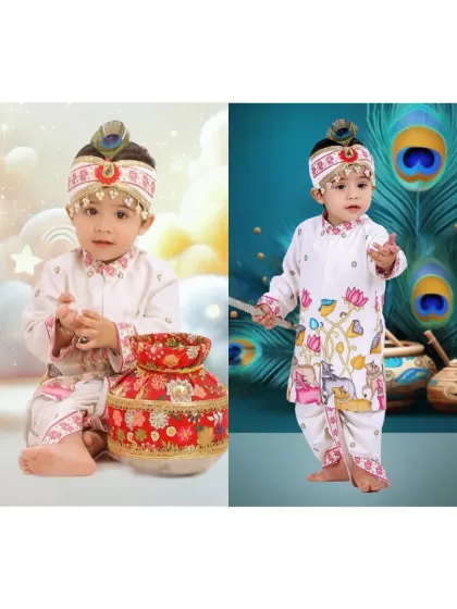 Our little Kanha. For Janmashtami, we love creating these divine outfits that are both traditional and comfortable for your little one. This custom dhoti-kurta set with a peacock feather mukut is perfect for celebrating the festival and creating memories you'll cherish forever.