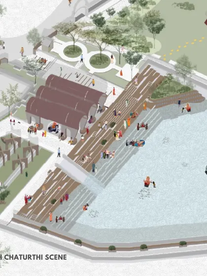 A design render showing the Ganesh Talav lakefront during the Ganesh Chaturthi festival. The wide, stepped ghats are designed to safely accommodate large crowds for the visarjan ceremony.