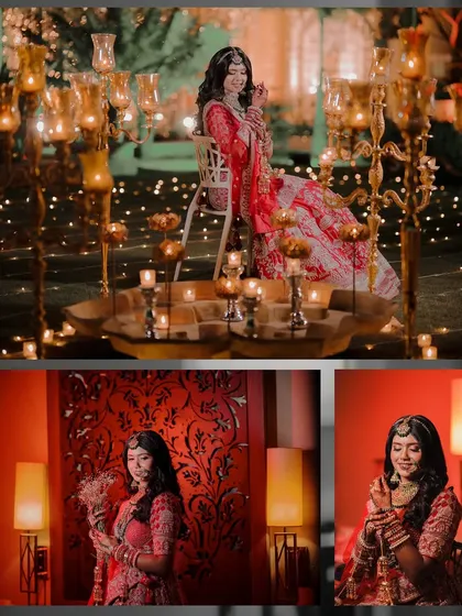This collage showcases the bride in various stunning settings before her ceremony. From a candle-lit arrangement to artistic portraits, we capture her beauty in every possible light.