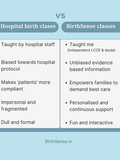 Wondering what makes my classes different? This quick comparison shows how my independent, evidence based Lamaze classes empower you, versus typical hospital-led sessions that often focus on compliance with protocol.