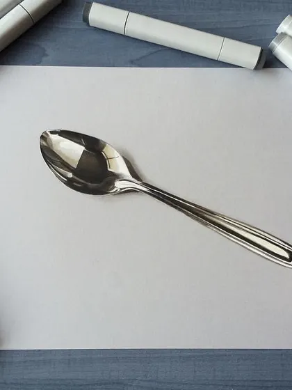 A hyper-realistic drawing of a spoon. Capturing the distorted reflections on its curved, metallic surface was a fun and rewarding challenge.