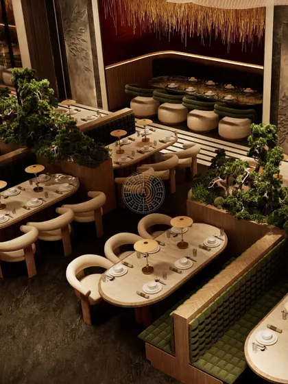 A render of the Japanese-inspired seating area, with low tables, bonsai trees, and booth seating that creates a more serene, grounded zone within the larger restaurant.