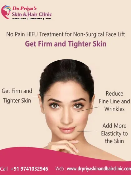 This graphic illustrates the primary benefits of a no-pain HIFU treatment. The procedure is designed to deliver firm, tighter skin, reduce fine lines, and add elasticity through targeted ultrasound energy.