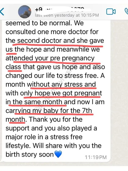 After a doctor gave them hope, my class helped this couple live stress-free. They got pregnant in the same month and are now carrying their baby for 7 months.