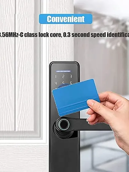 This image demonstrates the use of an RFID card for quick access. The lock's C-class core and rapid identification technology provide a secure and highly convenient entry method for daily use.