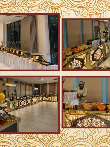 This collage features our premium, illuminated buffet counters and a live station for snacks, showcasing a luxurious setup for a special occasion.