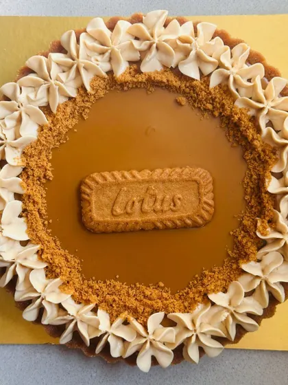 For the ultimate Biscoff lover, my Lotus Biscoff Cheesecake Tart. It features a creamy Biscoff filling, a Biscoff cookie topping, and a border of Biscoff-infused cream.
