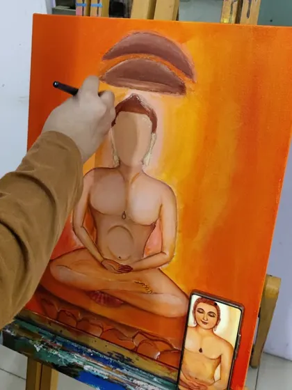 This image shows the painting in progress with a reference photo on a phone, highlighting how we teach students to translate a digital image into a traditional painting.