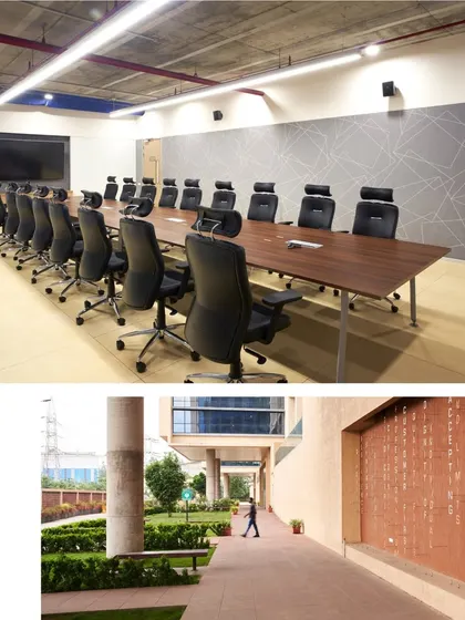 The interior and exterior of the Mahindra Chakan office, showcasing the harmony between the built form and its natural setting. A public concourse and social balconies encourage transparency and teamwork.
