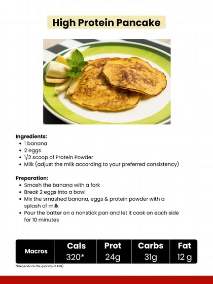 Recipe: High Protein Pancake. A simple and delicious way to start your day with 24g of protein, using just a banana, eggs, and protein powder.