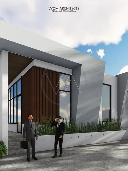 A 3D render of the AMR Dairy factory in Bangalore. The design for this industrial building uses angular, sculptural forms to create a modern and impressive facade for the administrative block.