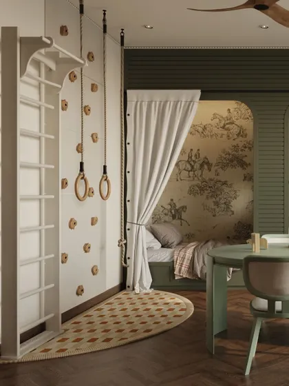 This whimsical kids' room concept features a cozy bed nook with a curtain for privacy and a custom toile wallpaper. The room is also a mini-gym, with a climbing wall, Swedish ladder, and gymnastic rings to encourage active play.