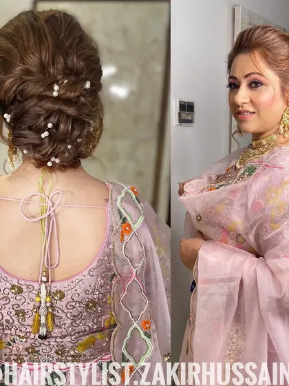 A collage showing the pearl-accented bun from the back and the client's full look from the side.