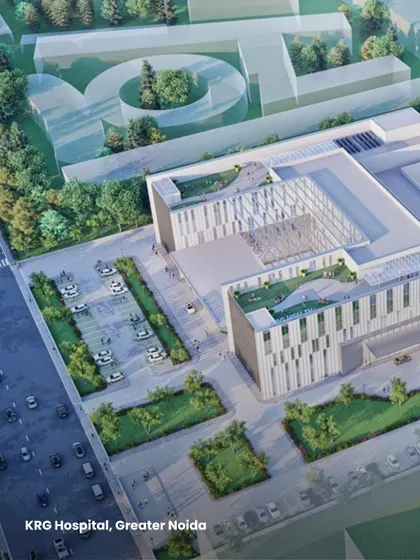 Our upcoming project, KRG Hospital in Greater Noida, is set to transform the region’s healthcare landscape. This aerial rendering shows the 7.5 lakh sq. ft. development, which integrates sustainability and operational efficiency.