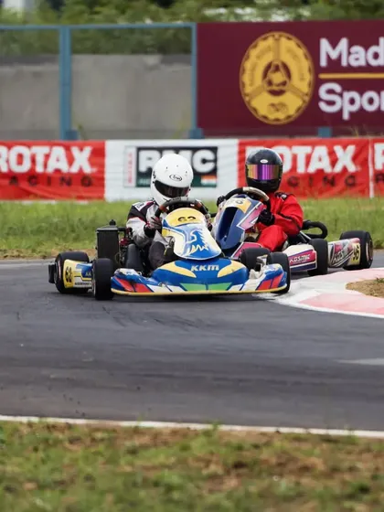 Two drivers battling for position at the Madras Motor Sports Club track. Every corner is a new challenge and an opportunity to learn.