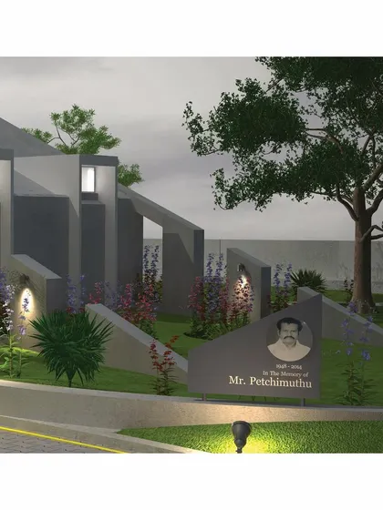 A close-up visualization of the memorial's entrance. The angular forms of the building and landscape walls create a dynamic yet harmonious composition, guiding visitors toward the main structure.