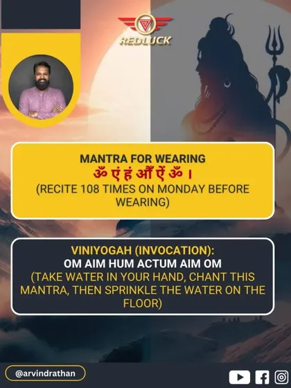 To properly wear the One-Faced Rudraksha, there are specific mantras and invocations. This image details the "Mantra for Wearing" and the "Viniyogah" (invocation) ritual, which should be performed on a Monday to fully activate the bead's energy.
