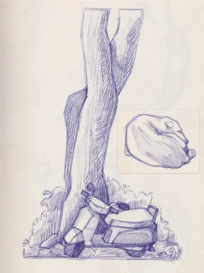 A page from my sketchbook featuring studies from a monsoon day at the park. I focused on the form of a tree trunk with a scooter parked beside it, and a quick gesture drawing of a sleeping dog I saw nearby.