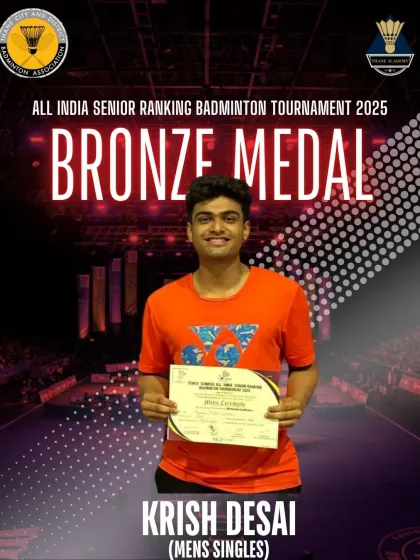 A fantastic start to the season with Krish Desai winning a bronze medal in Men's Singles at the All India Senior Ranking Tournament. His journey from the qualifiers to the podium shows true resilience.