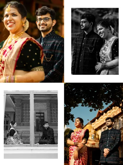 A four-panel collage from a Nischithartha ceremony. It mixes color and black and white shots, capturing both formal portraits and candid moments of the couple in their traditional best.
