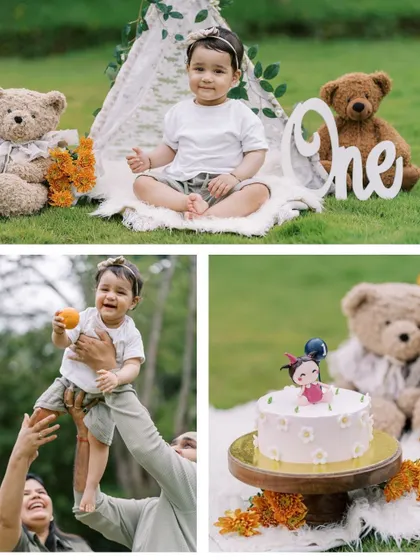 A collage from a first birthday shoot, showing the variety we can capture. From playful moments with dad to the beautiful birthday cake, it's a complete story of this special day.