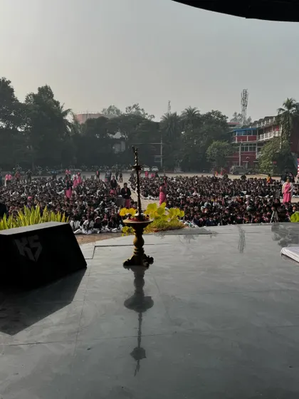 The view from the stage before an open-air concert in Hoshangabad. The traditional lamp (diya) is lit to mark the auspicious beginning of the performance.
