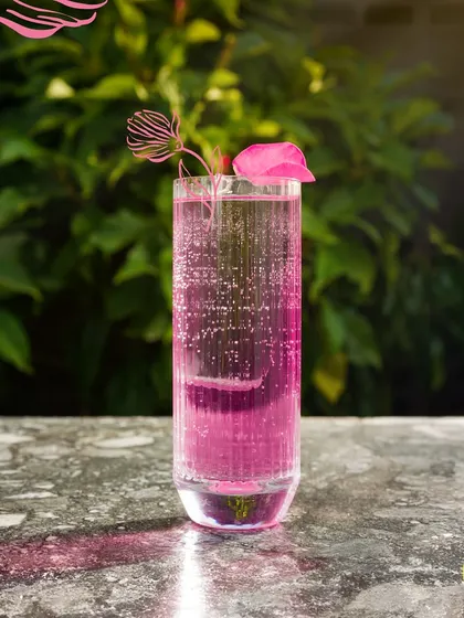 A perfect pour of sparkles and shimmer. This pink fizzy drink is as beautiful as it is delicious.