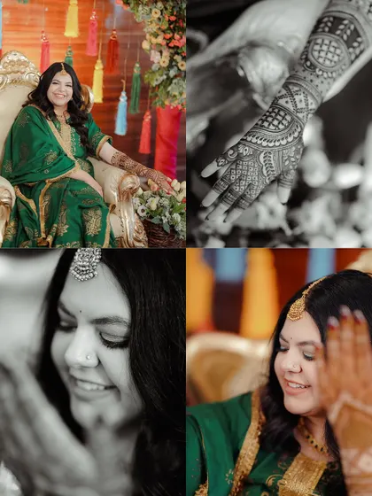 A mix of color and black and white shots from a Mehandi ceremony. This collage highlights the bride's happiness and the detailed artistry of her henna.