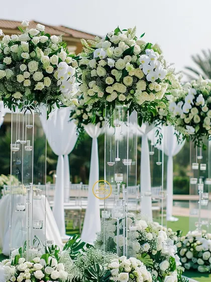 A stunning all-white wedding setup at a backwater resort in Goa. The aisle is lined with tall acrylic stands holding lush bouquets of white roses, creating a look of pure luxury and elegance.