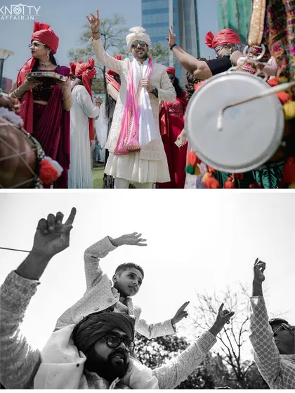 The high energy of the baraat, with the groom and guests dancing to the beat of the dhol. We capture the vibrant celebration in both color and black and white.