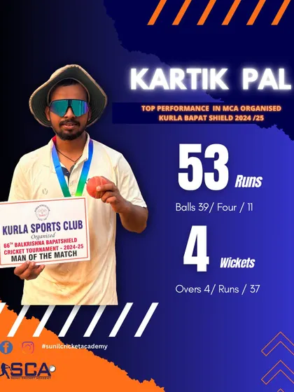 Man of the Match Kartik Pal with a fantastic all-round show in the Kurla Bapat Shield: 53 runs and 4 wickets.