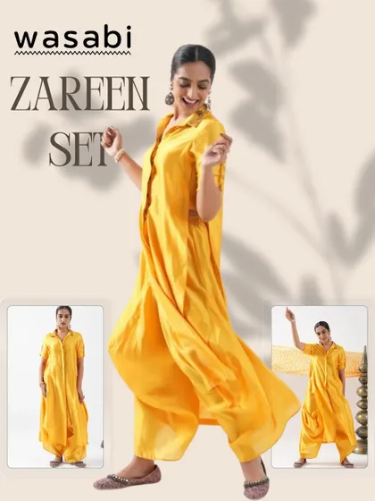 Slip into effortless elegance with the Zareen Set. I designed this in luxurious Chinea Silk, now available in beautiful shades like Haldi yellow. It’s a comfort fit with a bold soul, just the way Wasabi women like it.