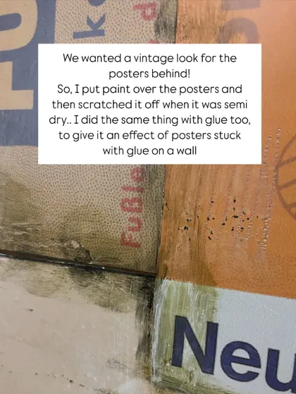 To create the vintage background for the sandal installation, I applied paint over posters and then scratched it off to give it a weathered, aged look.