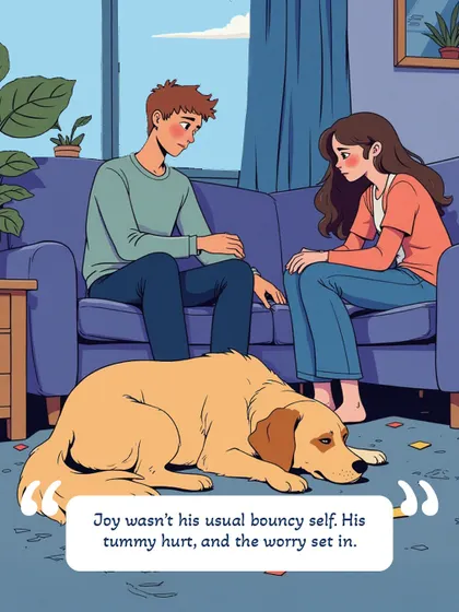 The story continues as Joy's family notices he isn't his usual bouncy self. Their worry is a relatable feeling for any pet parent who has seen their companion in discomfort.