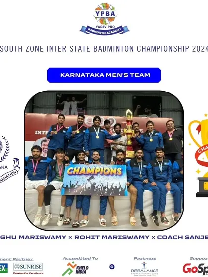 The Karnataka Men's Team, featuring our players, celebrating their championship win at the South Zone Inter-State Badminton Championship.