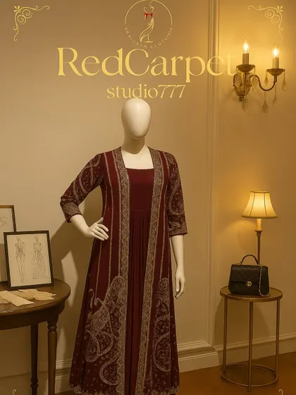 A full view of a mannequin styled in a regal maroon Anarkali with a matching embroidered jacket. This outfit is perfect for a wedding reception or a grand festive celebration.