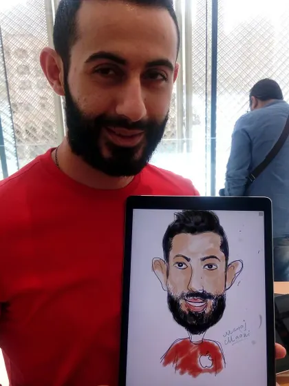 A live digital caricature created at a corporate event. The artwork is drawn on a tablet and can be displayed on screens or shared immediately with the recipient.
