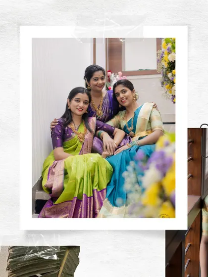 A creative polaroid-style shot of three women in beautiful silk sarees posing on the staircase during a family get-together.