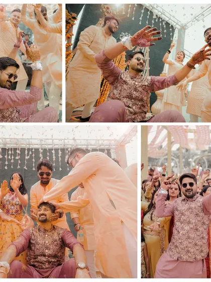This collage focuses on the groom's Haldi ceremony. It captures the fun and playful moments as his friends and family smear him with haldi and shower him with petals.