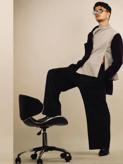 A powerful shot from a gender-fluid power dressing concept. The studio provides a blank canvas for conceptual and avant-garde fashion shoots.