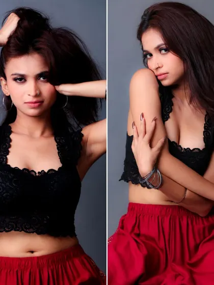 This diptych showcases two different poses in the same outfit, a black lace crop top and red pants. It demonstrates a model's ability to convey different moods, from energetic to demure.