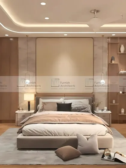 A master bedroom designed with warm wood tones and a neutral palette. The built-in shelving and seamless wardrobe design create a clean, uncluttered look, making the space feel calm and organized.