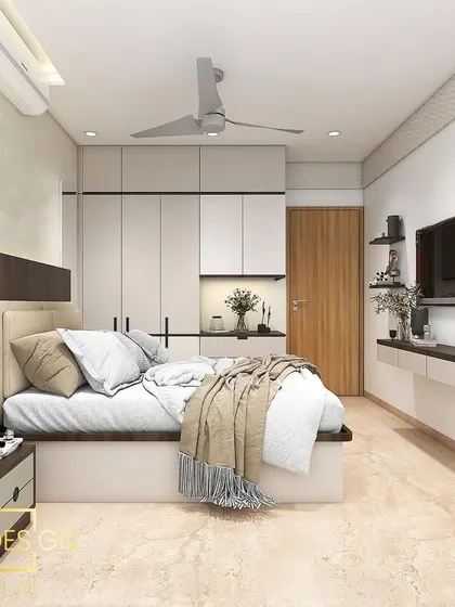 3D render for a guest bedroom in Powai. The design focuses on maximum space utilization with a clean, modern aesthetic.