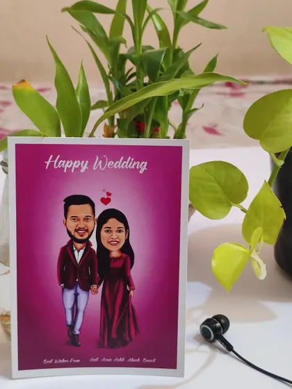 A printed wedding invitation card featuring a custom caricature. You can use my digital artwork to create physical invitations, thank you cards, or other wedding stationery.