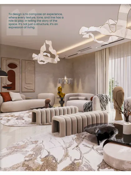 We believe design is composing an experience. This living room uses texture, tone, and line to tell the story of the space, making it an expression of living.