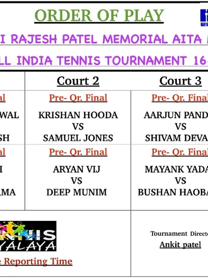 The Order of Play for the pre-quarterfinals of the same AITA tournament, showcasing multiple Tennis Vidyalaya players in the draw.