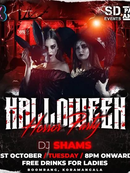 The official poster for the Halloween Horror Party at Boomrang. My themed events are all about creating an immersive and unforgettable experience.
