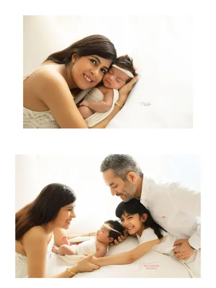 Two heartwarming portraits from a family session. One with mom and baby, and another with the whole family sharing a loving moment. These are the memories that last a lifetime.