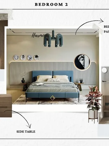 A mood board for a second bedroom, featuring a bed wall with paneling and cove lighting, a wardrobe in wooden laminate, and a dedicated study unit. The design aims for a balance of style and functionality.